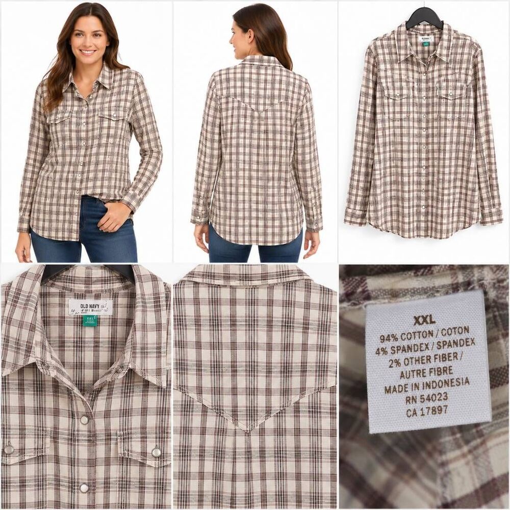 Old Navy XXL Plaid Western Snap Shirt Stretch